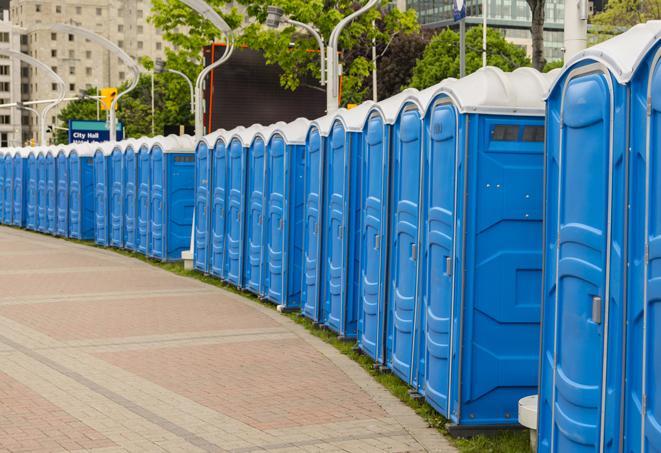 multiple portable restrooms in a neat and tidy row in Blanchard